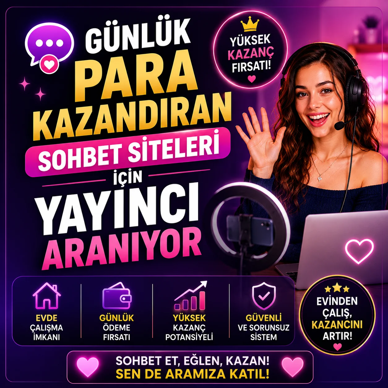 Günlük Para Kazandıran Sohbet Siteleri İçin Yayıncı Aranıyor