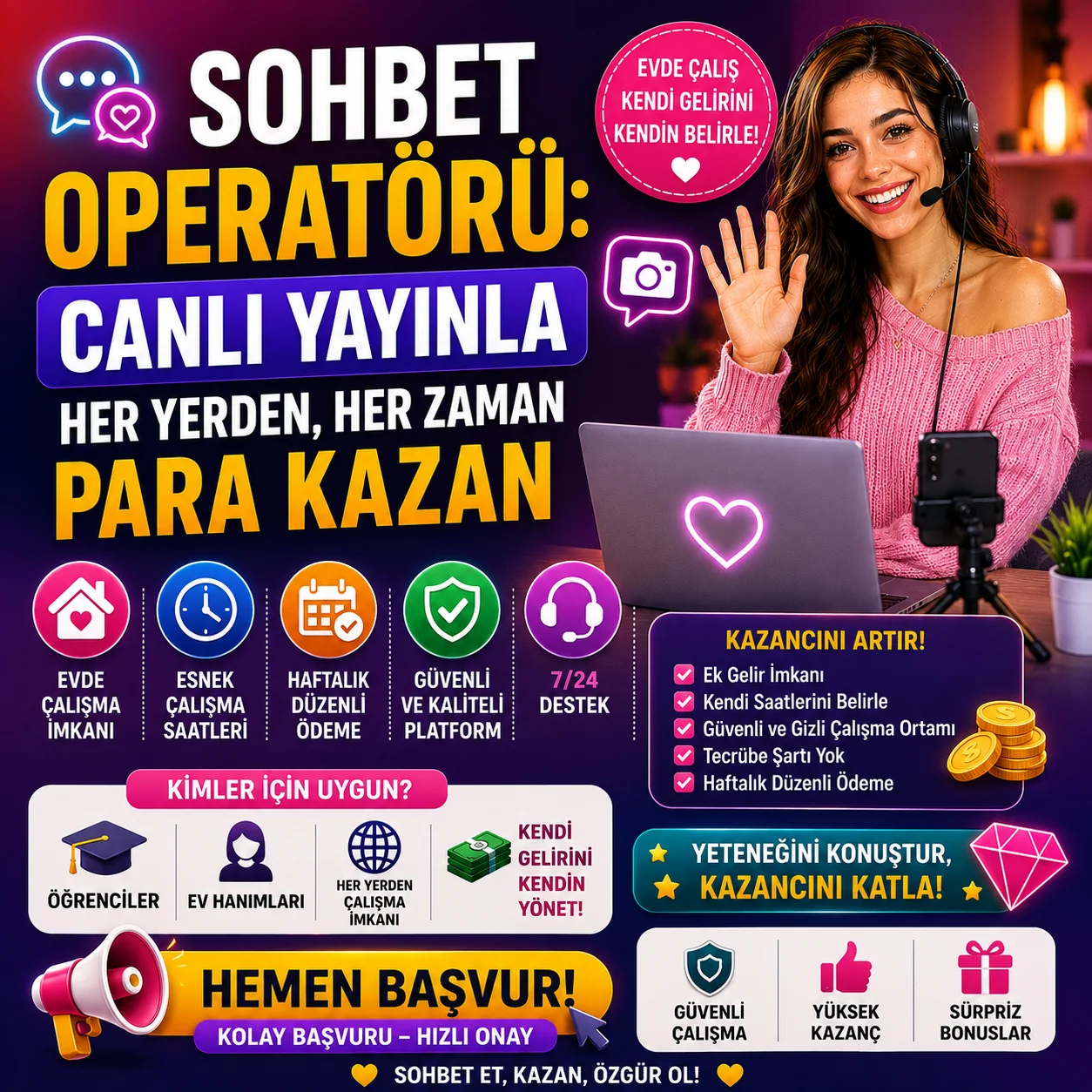 Sohbet Operatörü | Canlı Yayınla Her Yerden Para Kazan