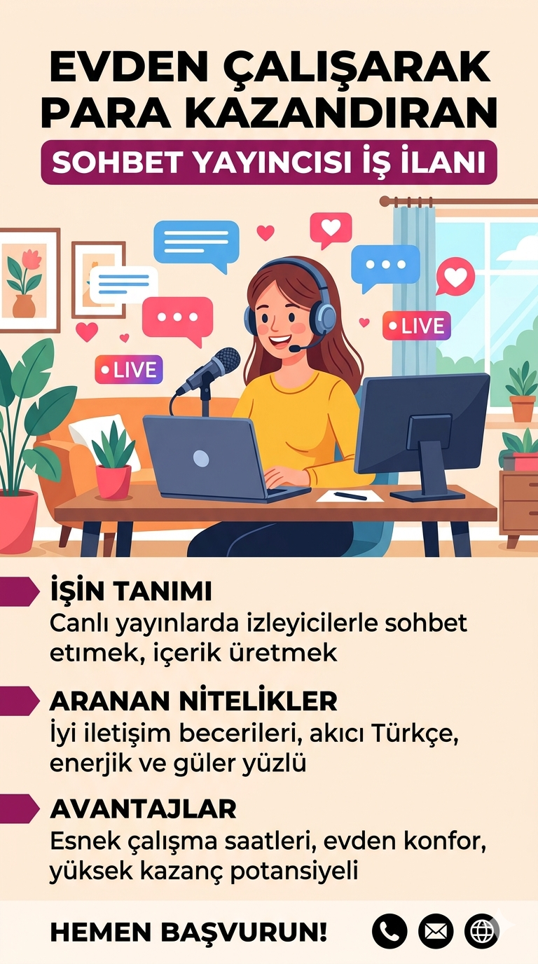 Evden Çalışma Fırsatı: Kadın Canlı Yayıncı & Sohbet Operatörü Aranıyor
